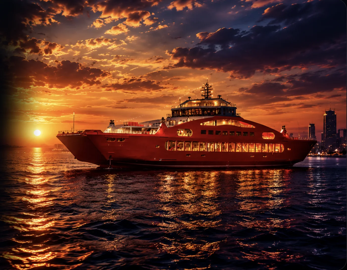 M2M-1 ferry sailing at sunset off Mumbai